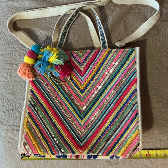 America & Beyond Chevron Boho Multicolor Pom-Pom Embroidered Crossbody Tote Bag - Picture 2 of 8